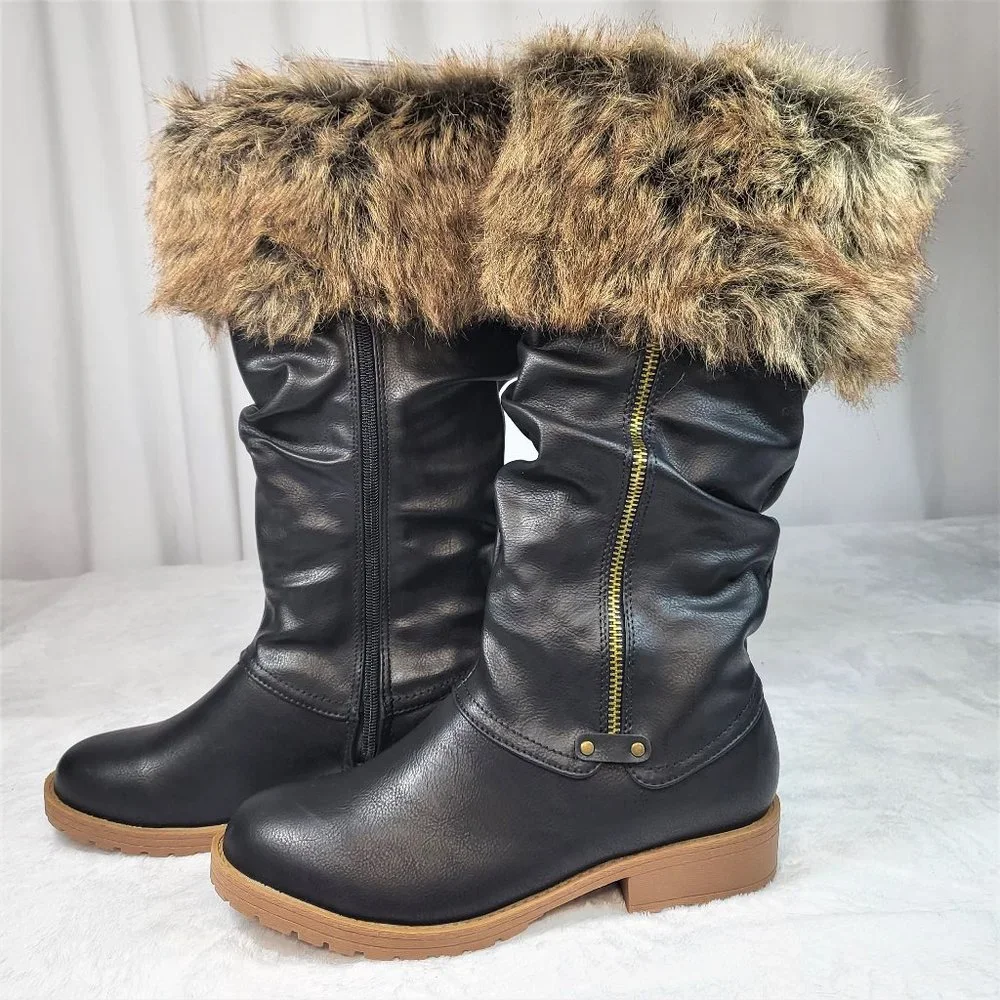* Furry Black Matte Faux Fur Fold Over Cuff Winter Mid Calf Boots